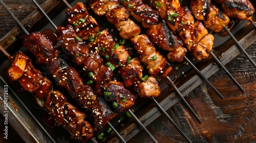 Freshly grilled yakitori skewers  featuring tender chicken  beef  and vegetables  brushed with a sweet and savory tare sauce.