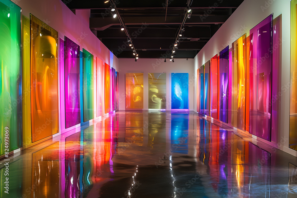 Modern Gallery Featuring Vibrant Abstract Glass Art Installation Modern Gallery Featuring Vibrant Abstract Glass Art Installation