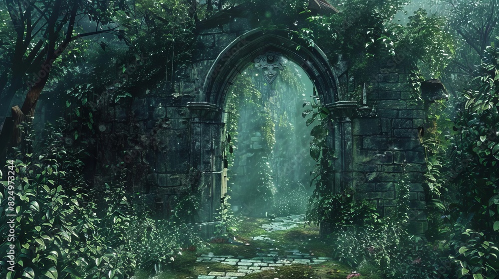 fantasy stone archway portal covered in creepers ancient magical gate to another dimension digital art