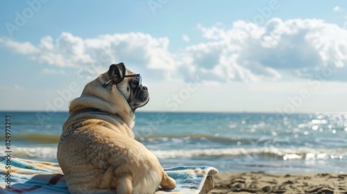 A pug sits thoughtfully on a beach towel, wearing a pair of stylish sunglasses, gazing out at the vast ocean with a contemplative air.