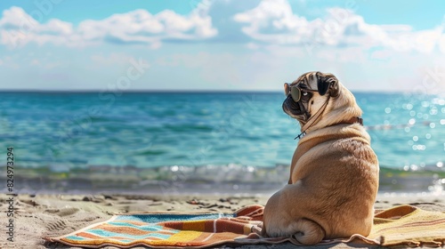 A pug sits thoughtfully on a beach towel, wearing a pair of stylish sunglasses, gazing out at the vast ocean with a contemplative air. photo