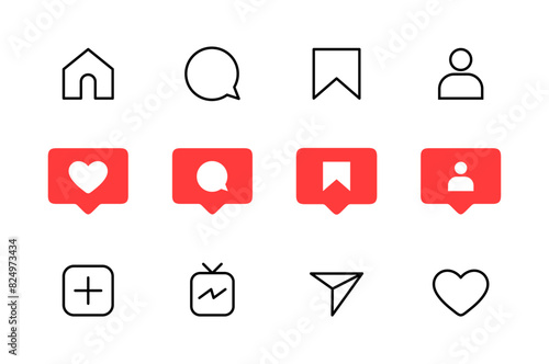 social media flat icons set notification speech bubble for like share save comment buttons Camera Search Heart Home web symbols and icons vector. photo