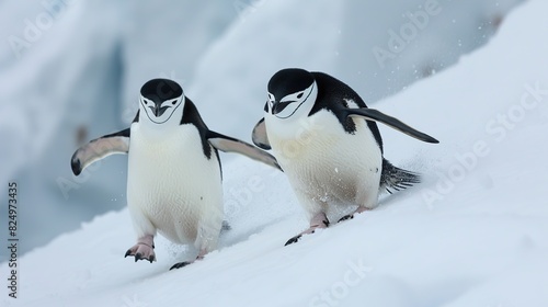 Two Chinstrap penguins Pygoscelis antarcticus slide down snowy hill. Generative Ai photo