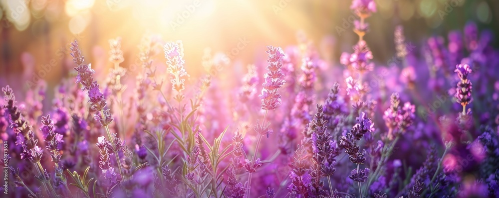A field of lavender flowers with a bright sun shining on them A field of lavender flowers with a bright sun shining on them