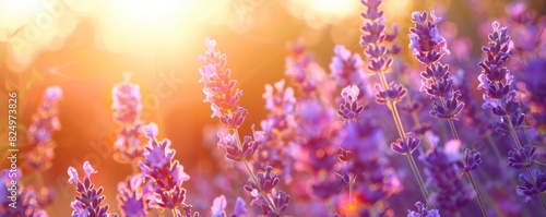 A field of lavender flowers with a bright sun shining on them