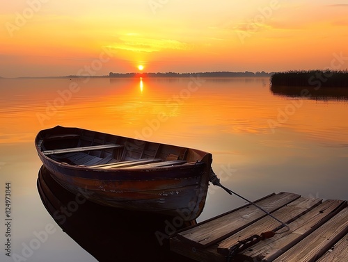 A small, wooden skiff tied to a dock at dawn photo