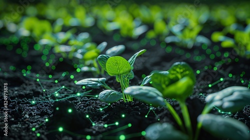 Close-up of young plants growing in soil with green lights, representing modern agriculture and technology integration.