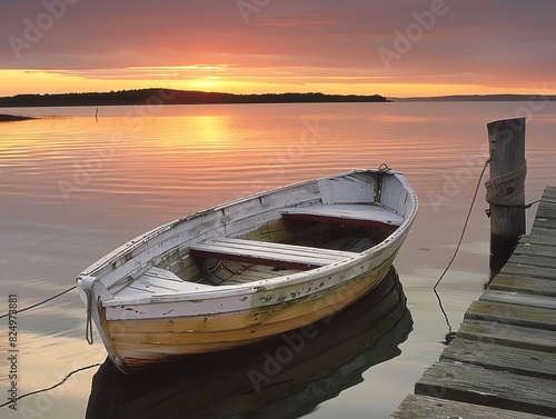 A small, wooden skiff tied to a dock at dawn photo