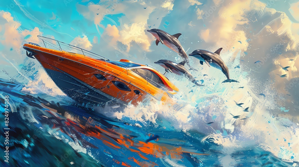 Fototapeta premium A speedboat racing alongside dolphins