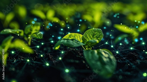 Close-up of young plants growing with a digital network overlay, showcasing the concept of smart agriculture and modern farming technology.