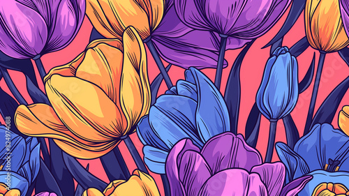 Pop art concept seamless pattern with tulip flower background.