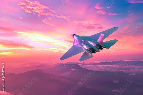 Fighter plane soaring through a pastel sunset    , Futuristic , Cyberpunk photo
