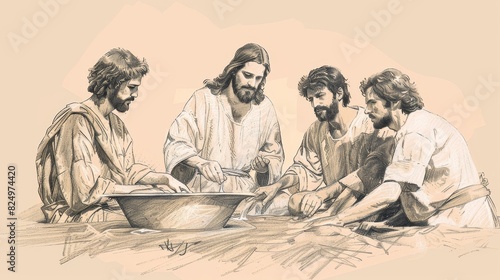 Jesus Washing the Feet of His Disciples, Illustrating Humility and Service, Biblical Illustration of Servant Leadership photo