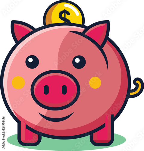 piggy bank with a coin. Solid icon, Editable stroke. Vector illustration.