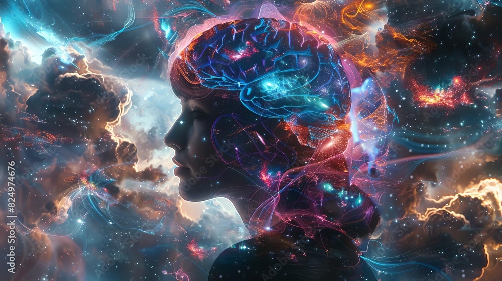 female figure with brain and neuronal network mental wellbeing galaxy concept abstract digital art female figure with brain and neuronal network mental wellbeing galaxy concept abstract digital art