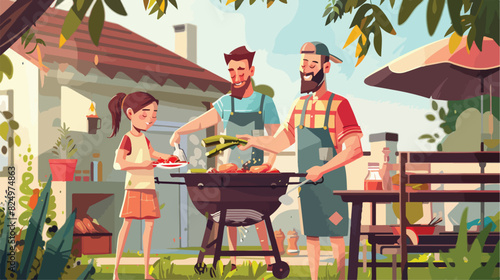 Happy family cooking barbecue at backyard vector flat