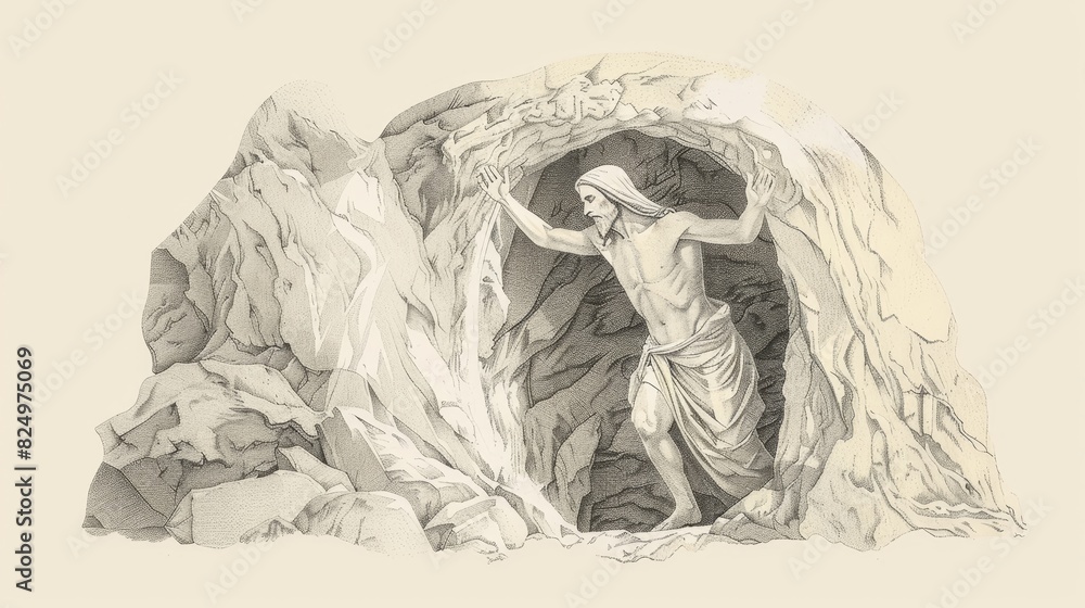 A Depiction of the Resurrection, with Jesus Emerging from the Tomb, Biblical Illustration of Triumph and New Life A Depiction of the Resurrection, with Jesus Emerging from the Tomb, Biblical Illustration of Triumph and New Life