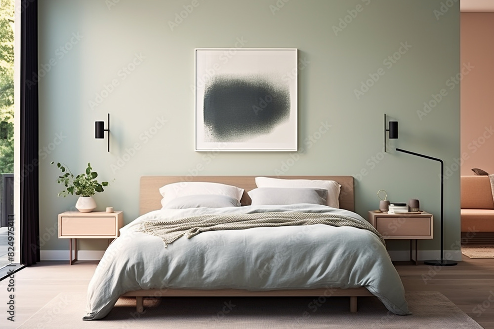 A calming bedroom boasting a pale peach wall, a minimalist navy-blue bed, and hints of sage green in the decor, offering a peaceful haven. A calming bedroom boasting a pale peach wall, a minimalist navy-blue bed, and hints of sage green in the decor, offering a peaceful haven.