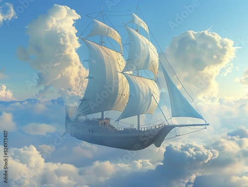 A whimsical, fantasy boat with sails made of clouds © Moviebirth
