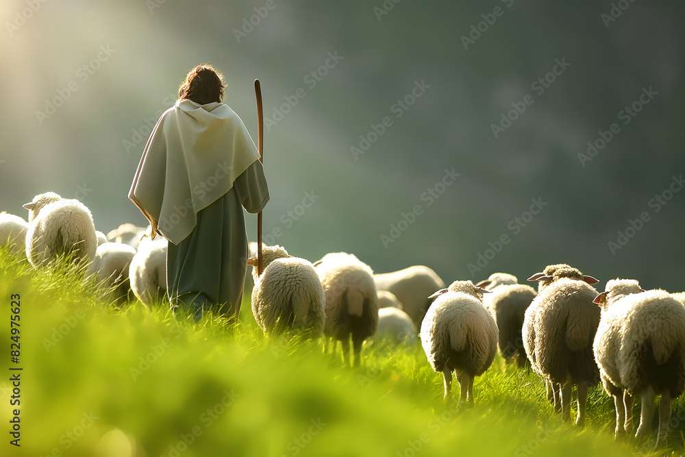 Back view of Jesus Christ, good shepherd and flock of sheep Stock ...