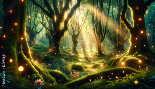 A magical scene of enchanted forests with ethereal lighting. The forest is dense with tall, ancient trees whose branches are intertwined, allowing bea photo