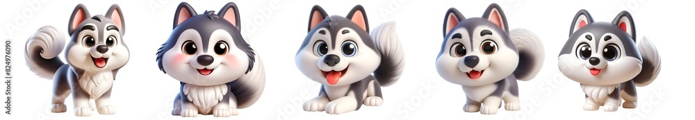 3D rendered illustration of a Siberian Husky on a white and transparent background, focusing on a cute, 3D, and cartoon 3D rendered illustration of a Siberian Husky on a white and transparent background, focusing on a cute, 3D, and cartoon