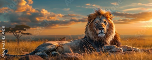 A lion is laying in the grass in a field. The sky is cloudy and the sun is setting. Majestic lion resting on a savannah landscape photo