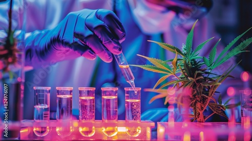 A scientist conducts cannabis research using test tubes in a high-tech laboratory, highlighting advancements in medical marijuana studies.