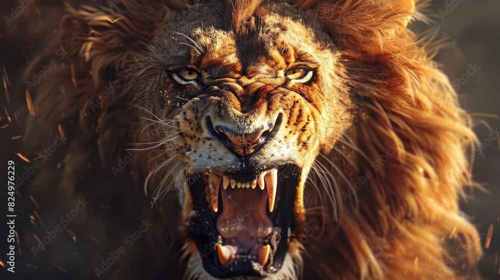 fierce male lion with flowing mane baring sharp teeth in aggressive roar intense yellow eyes dramatic closeup wildlife portrait digital painting fierce male lion with flowing mane baring sharp teeth in aggressive roar intense yellow eyes dramatic closeup wildlife portrait digital painting