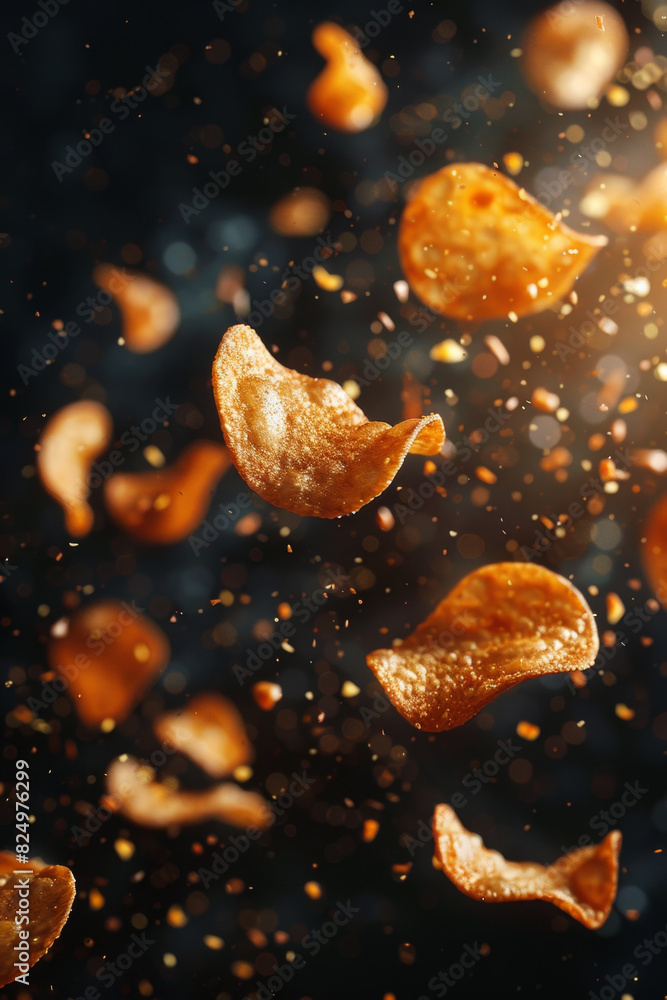 Crunchy potato chips floating in the dark Crunchy potato chips floating in the dark