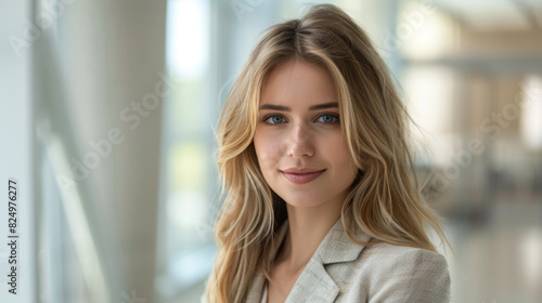 Confident businesswoman with bright smile in white office setting.