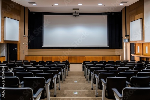 Modern lecture hall with empty chairs and a projector screen