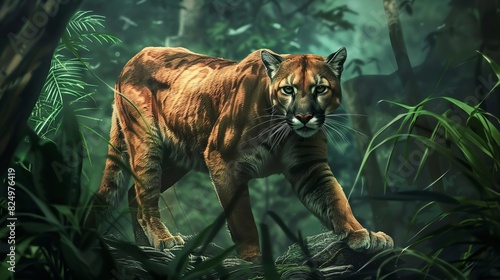 fierce predatory cougar in dense forest realistic wildlife illustration photo