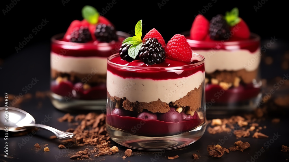 A delectable dessert parfait with layers of cream, chocolate, and fresh berries, garnished with mint. Perfect for gourmet indulgence. A delectable dessert parfait with layers of cream, chocolate, and fresh berries, garnished with mint. Perfect for gourmet indulgence.
