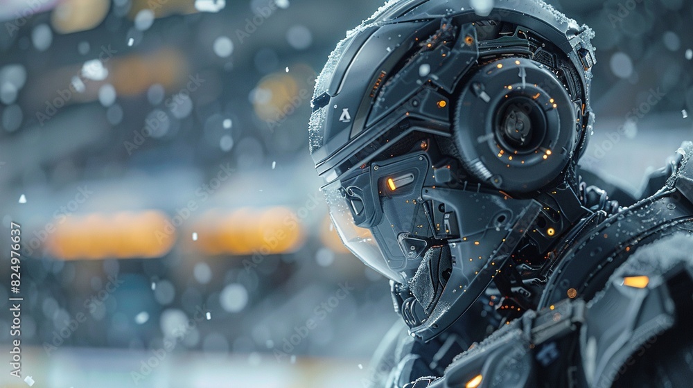 Close-up of a robot ice hockey striker, executing a powerful shot, ice fragments flying, stadium audience cheering Close-up of a robot ice hockey striker, executing a powerful shot, ice fragments flying, stadium audience cheering