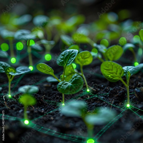 Close-up of young seedlings with glowing green lights, representing futuristic farming technology and smart agriculture. photo