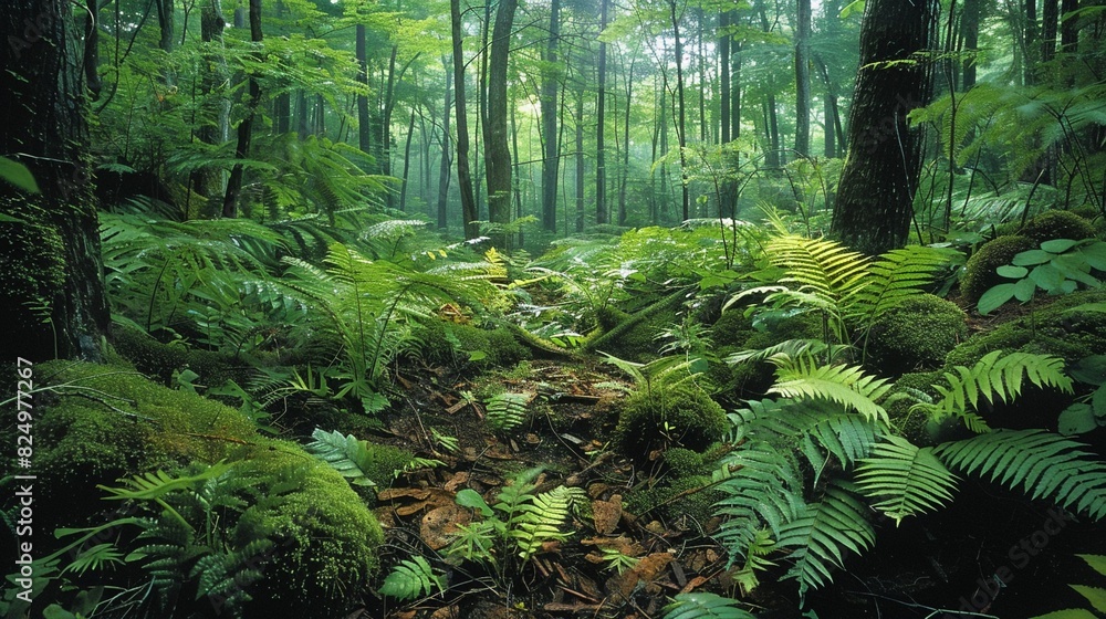 Detailed image of forest undergrowth, highlighting a variety of plant species and rich soil Detailed image of forest undergrowth, highlighting a variety of plant species and rich soil