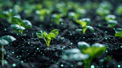 Close-up shot of young green seedlings in soil, highlighting growth and agriculture with a futuristic, technological touch.