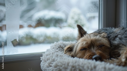 A pet door reveals a snowy landscape. Just inside, a dog sleeps soundly on a soft bed, its fur fluffed out for extra warmth. photo