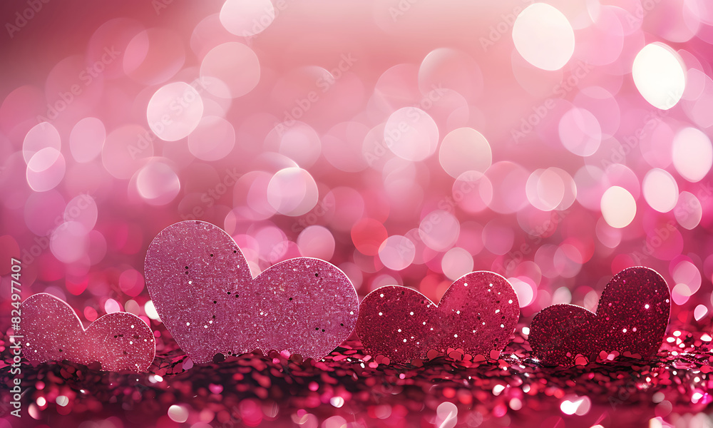 pink white and red background with bokeh lights and heart shape glitter on valentines with copy space