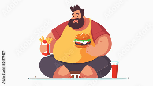 Illustration of a fat man with fast food. Obesity. Overweight man.