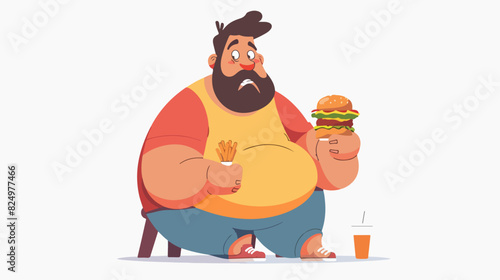 Illustration of a fat man with fast food. Obesity. Overweight man.