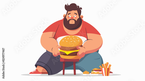 Illustration of a fat man with fast food. Obesity. Overweight man.