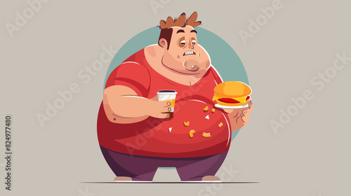 Illustration of a fat man with fast food. Obesity. Overweight man.