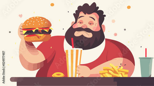 Illustration of a fat man with fast food. Obesity. Overweight man.