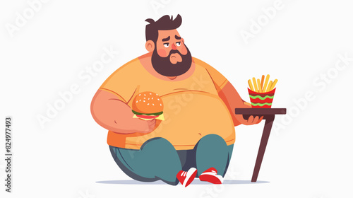 Illustration of a fat man with fast food. Obesity. Overweight man.