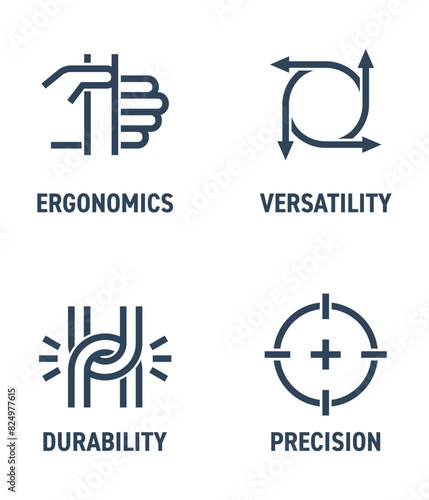 Hand tool characteristics icons for labeling, bold line