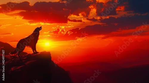 A silhouette of a dog standing on a cliff edge  howling at a vibrant sunset that paints the sky with fiery colors  with the mountains a dark and majestic backdrop.