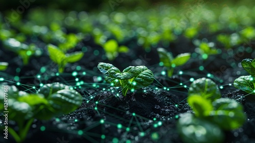 Close-up view of young plants growing with digital technology overlay, symbolizing modern agriculture and tech integration in farming. © Tackey
