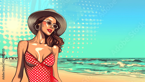 Pop art concept. Female tourist sunbathing on tropical beach. Colorful background in pop art retro comic style. Summer holiday banner background.
